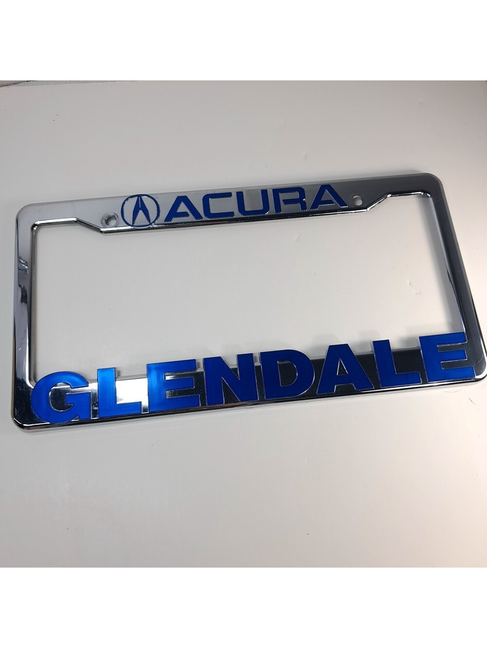 Acura Glendale California License Plate Frame Front Or Rear Silver blue Plastic